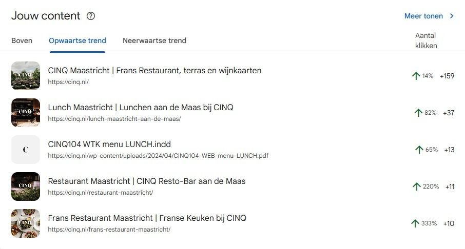 CINQ Google Search Console zoekwoord resultaten